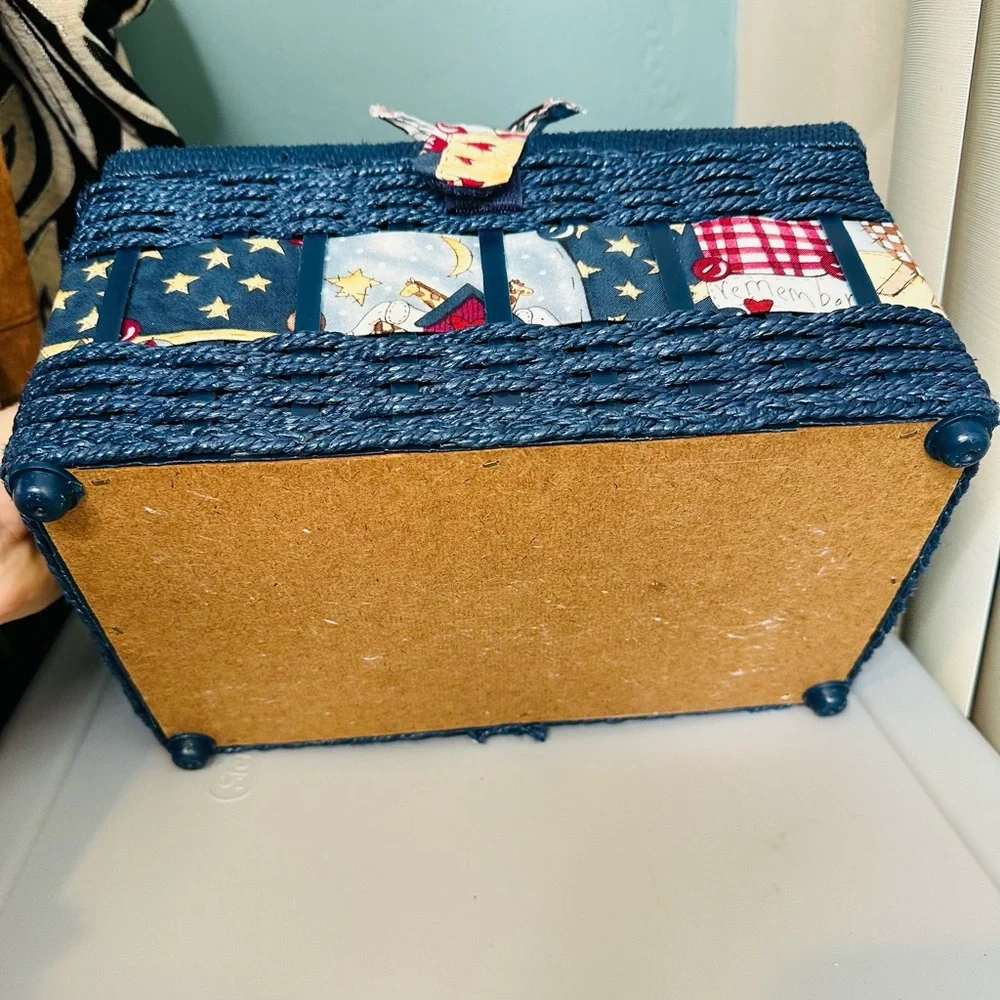 Vintage Blue Wicker Sewing Basket Noah’s Arc Fabric Lid Patchwork Design